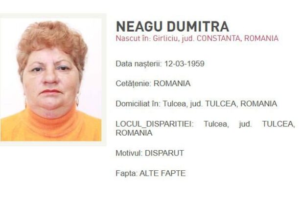 o femeie din comuna garliciu domiciliata in tulcea a fost data disparuta daca ati vazut o sunati la 112 675be90e5972e