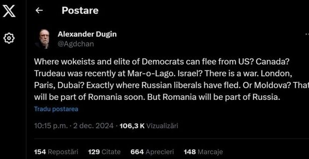 postare pe un cont de x atribuit ideologului lui putin alexandr dughin romania va fi parte a rusiei replica mae 674ea8c432636