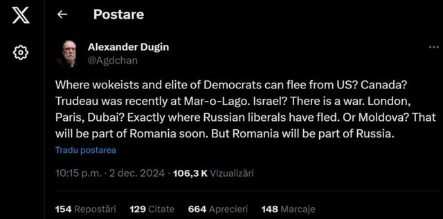 postare pe un cont de x atribuit ideologului lui putin alexandr dughin romania va fi parte a rusiei replica mae 674ea8c432636