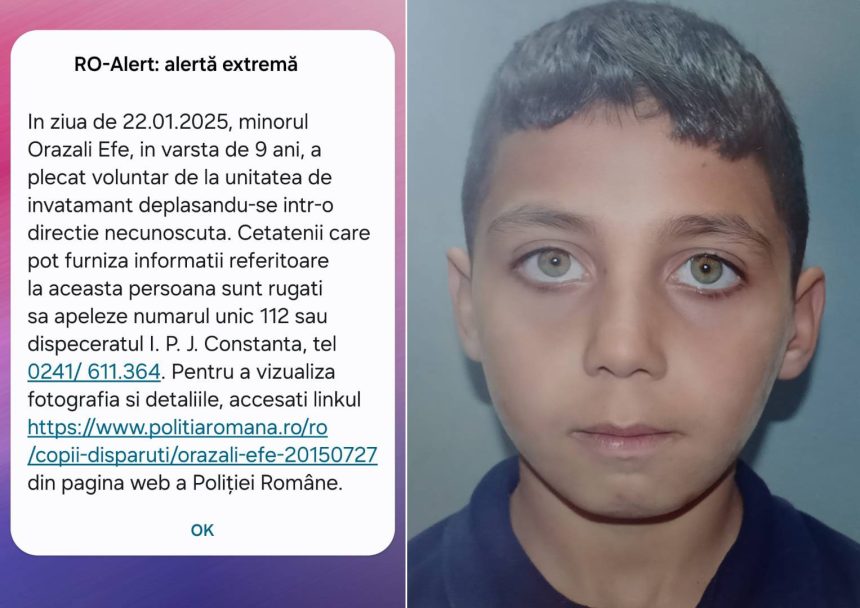 UPDATE. Mesaj RO ALERT: Un minor de 9 ani a dispărut după ce a plecat de la școală 1 update mesaj ro alert un minor de 9 ani a plecat de la scoala si nu a ajuns acasa 67912caabea66