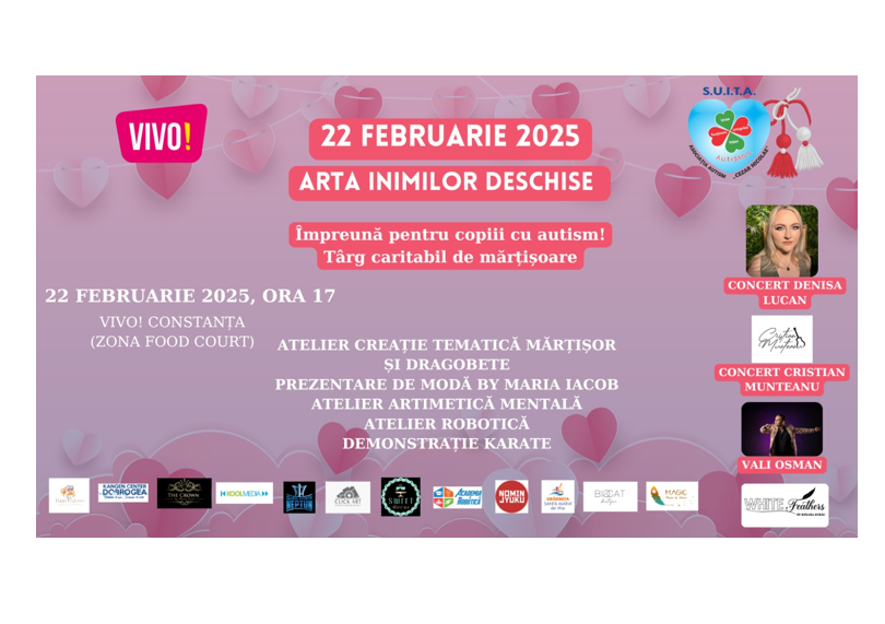 Asociația Autism Cezar Nicolae – S.U.I.T.A organizează sâmbătă, la VIVO! Mall, evenimentul Arta inimilor deschise. 1 asociatia autism cezar nicolae s u i t a organizeaza sambata la vivo mall evenimentului arta inimilor deschise 67b78c8487acb