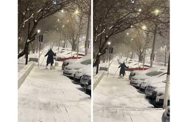 cu schiurile la plimbare prin oras o femeie a fost filmata in timp ce schia pe trotuar 67b32ea38f584