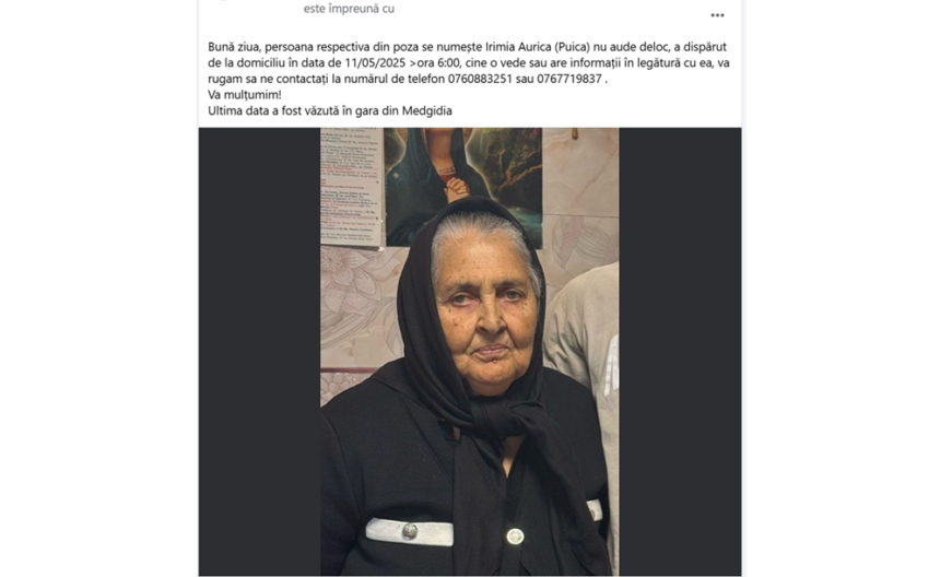 Bătrână din Medgidia, dispărută fără urmă. Familia solicită sprijinul comunității. 1 batrana din medgidia disparuta fara urma familia cere ajutorul comunitatii 6826cb3eea6a7