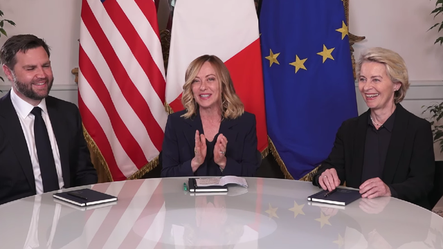 video meloni incearca sa faca e280b3pode280b3 intre ue si sua intr o trilaterala cu von der leyen si vance 682a0904535bb