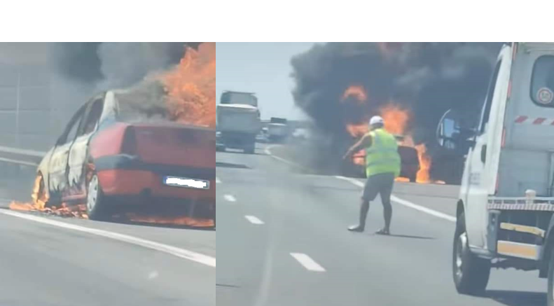 masina in flacari la intrarea pe autostrada a2 dinspre ovidiu pompierii actioneaza pentru stingerea incendiului 68596718f1da8
