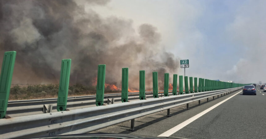 video incendiu de vegetatie langa autostrada soarelui pompierii intervin cu mai multe autospeciale traficul rutier afectat 688cb319f0ff4
