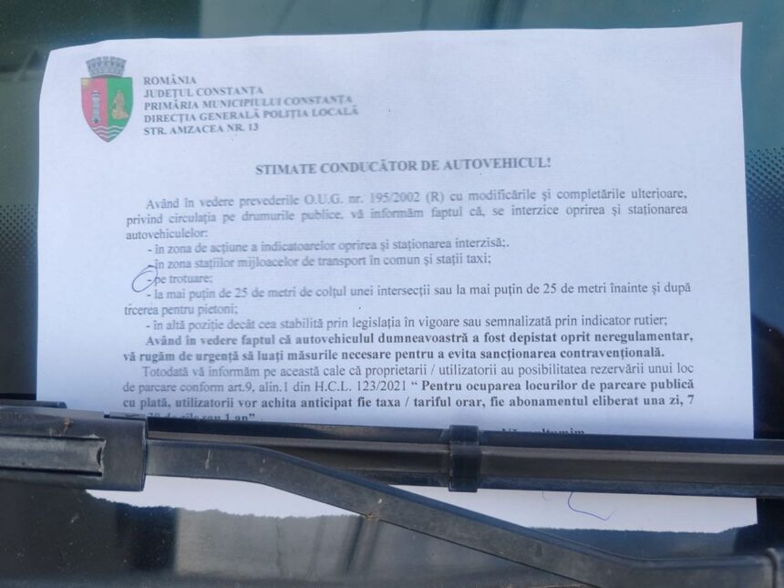 ce au gasit in parbrize soferii care si au parcat masinile pe trotuarul de pe strada primaverii din constanta va rugam de urgenta sa luati masurile necesare pentru a evita sanctionarea contraventiona 691cd1b67ed6b