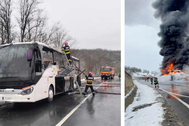 un autocar cu 47 de pasageri la bord a luat foc pompierii au intervenit pentru stingerea incendiului 69625275d2d38