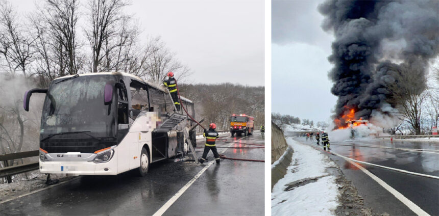 un autocar cu 47 de pasageri la bord a luat foc pompierii au intervenit pentru stingerea incendiului 69625275d2d38