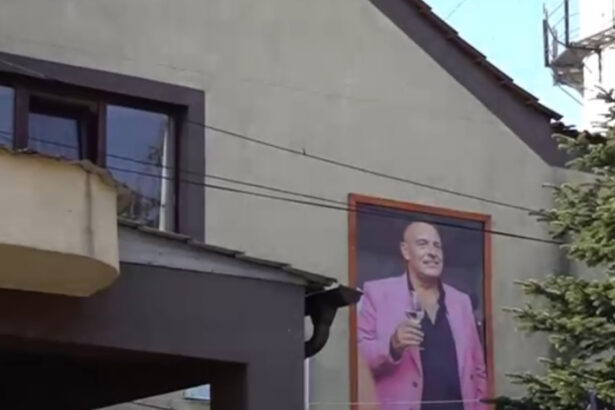 video portret neobisnuit pe fatada primariei din gogosu mehedinti fostul primar acum decedat imortalizat cu un pahar de vin in mana 69afe4619eed7